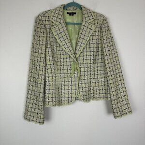 Eci New York Woman’s Green Tweed Double Button Lace Trim Silk Blend Blazer Sz XL
